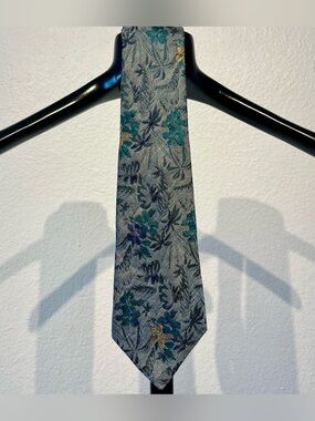 Paolo da Barberino Silk-Linen Blend Floral Grey Tie with Teal and Gold Accents